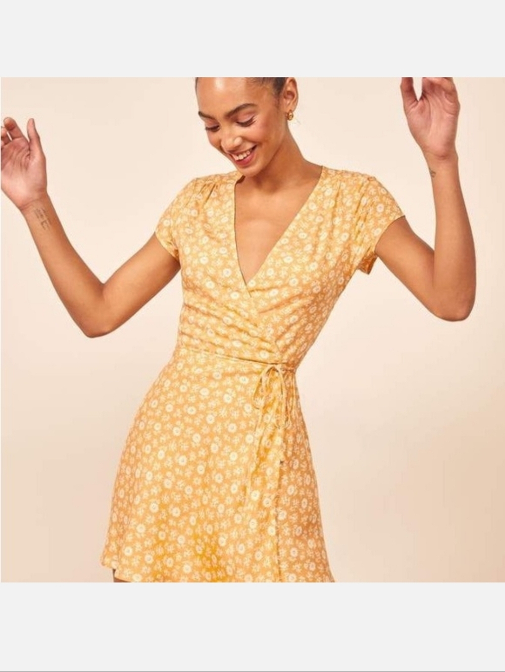 Yellow Floral Wrap Dress Size MEDIUM